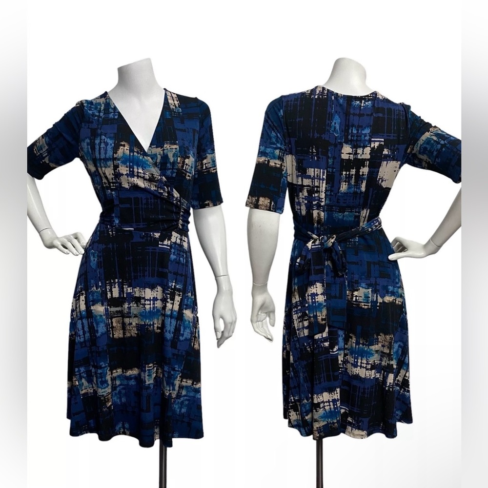 Gilli Faux Wrap Medium M Dress Stretch Jersey Knit Blue Black Abstract Print